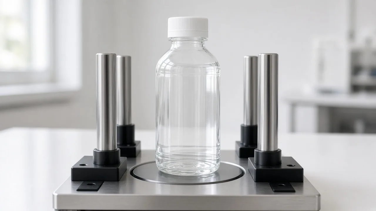 Clear bottle centered among four posts on a torque-tester table, posts not yet closed on the bottle