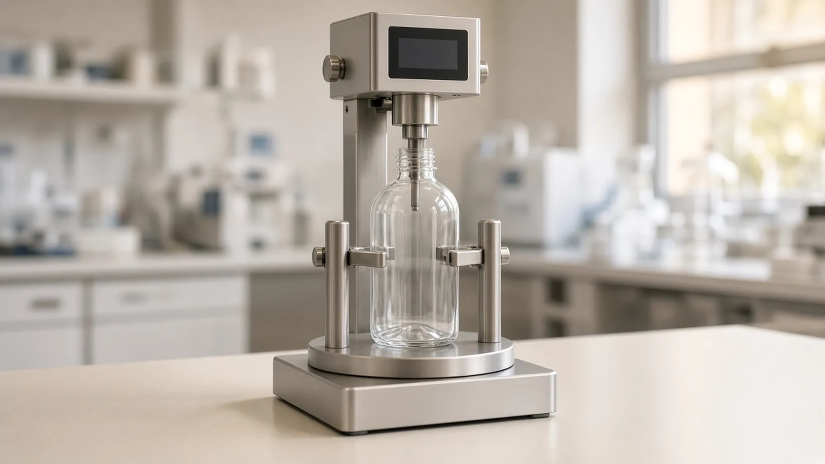 Unbranded bench fixture holding a clear bottle under a blank display in a bright lab
