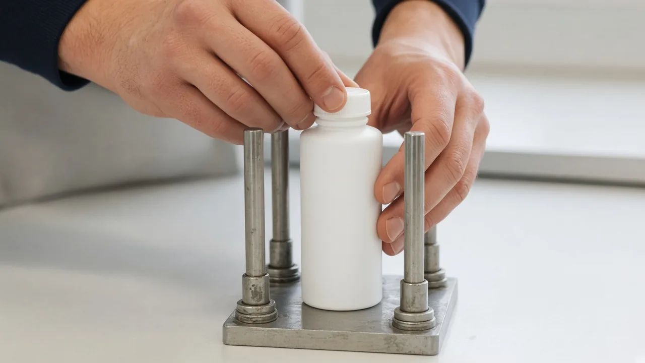 Adult hands turning a plain cap while a bottle stands in a four-post fixture