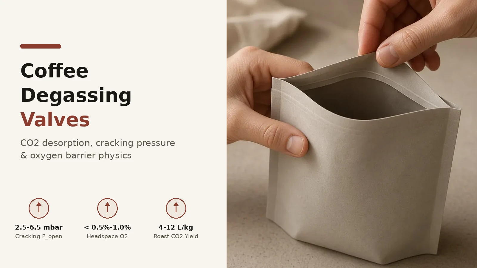 Hands holding an unprinted flexible stand-up coffee pouch beside cracking pressure, headspace oxygen, and CO2 yield specifications.