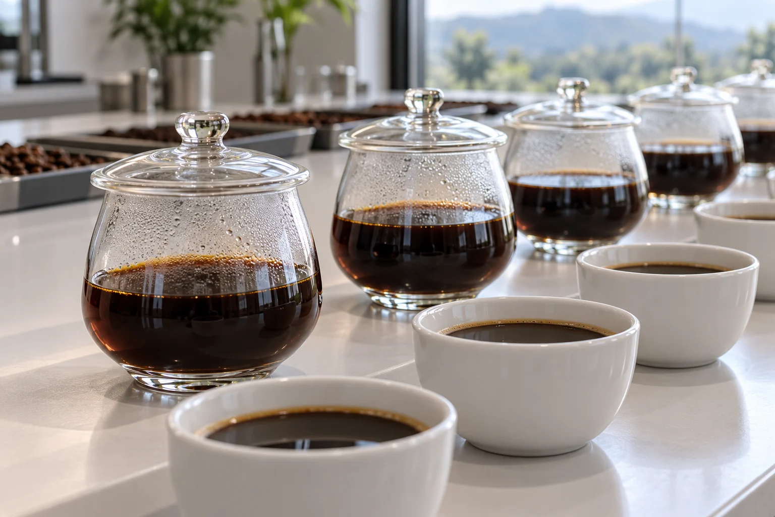 Illustrative covered glass vessels beside coffee cups