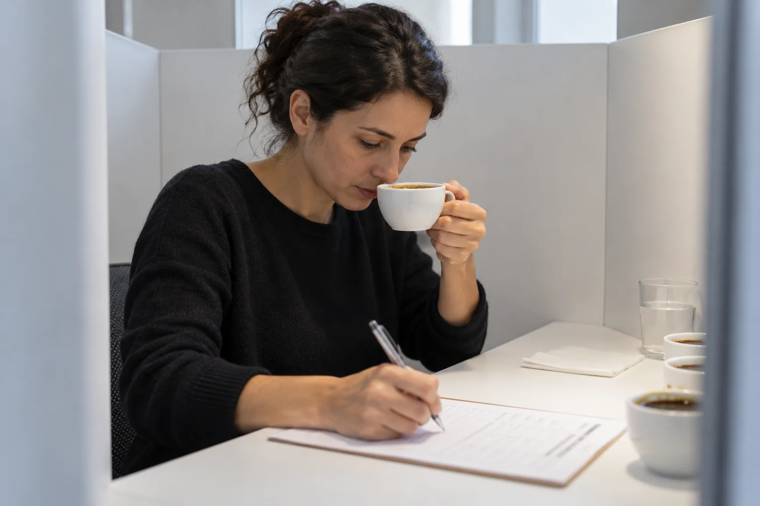 Illustrative assessor recording notes during coffee evaluation