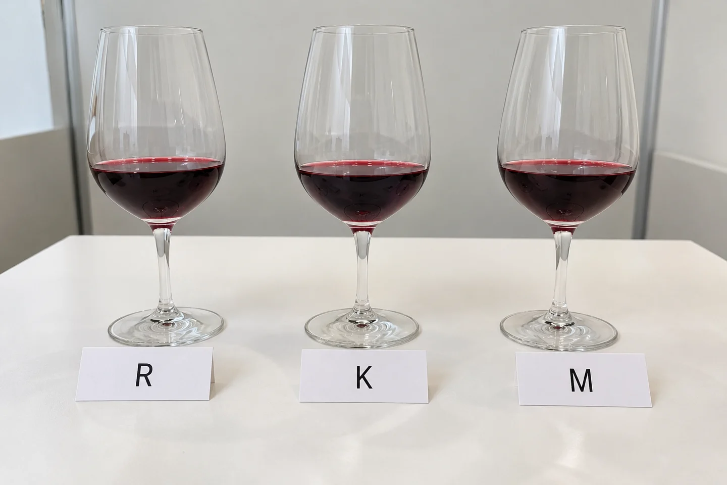 Reference-labelled wine glass beside coded test glasses