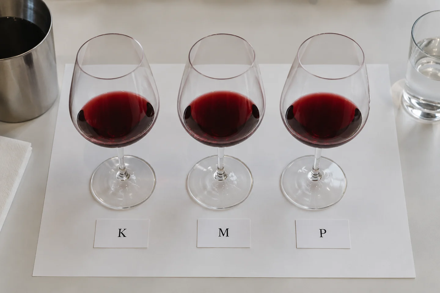 Coded wine glasses arranged for a triangle tasting