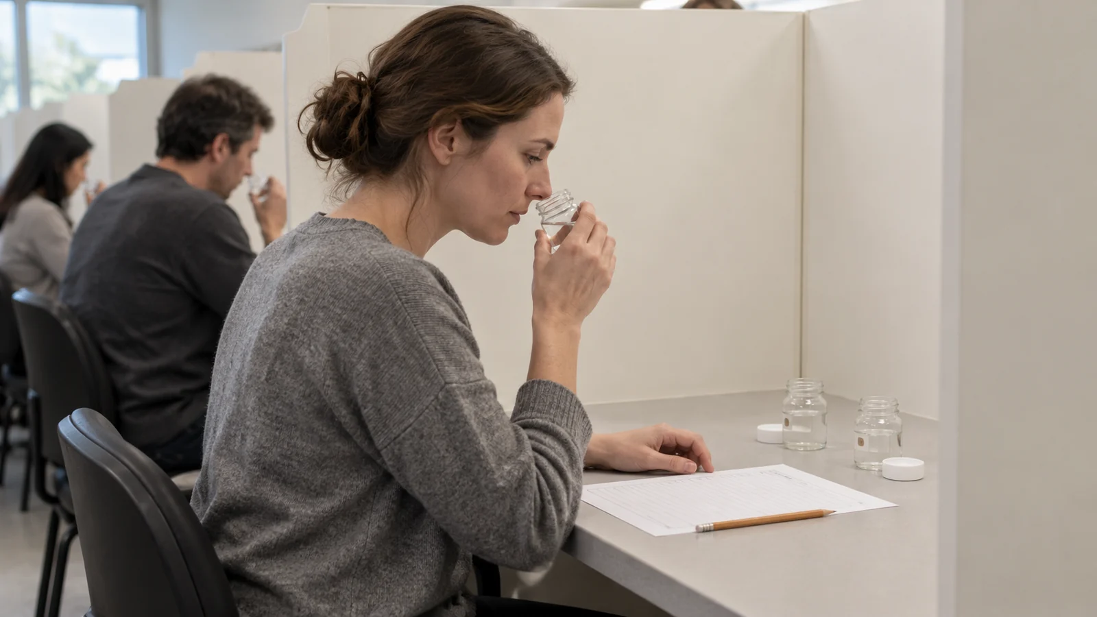 Assessor lifting a clear sample jar to her nose in an individual sensory booth.