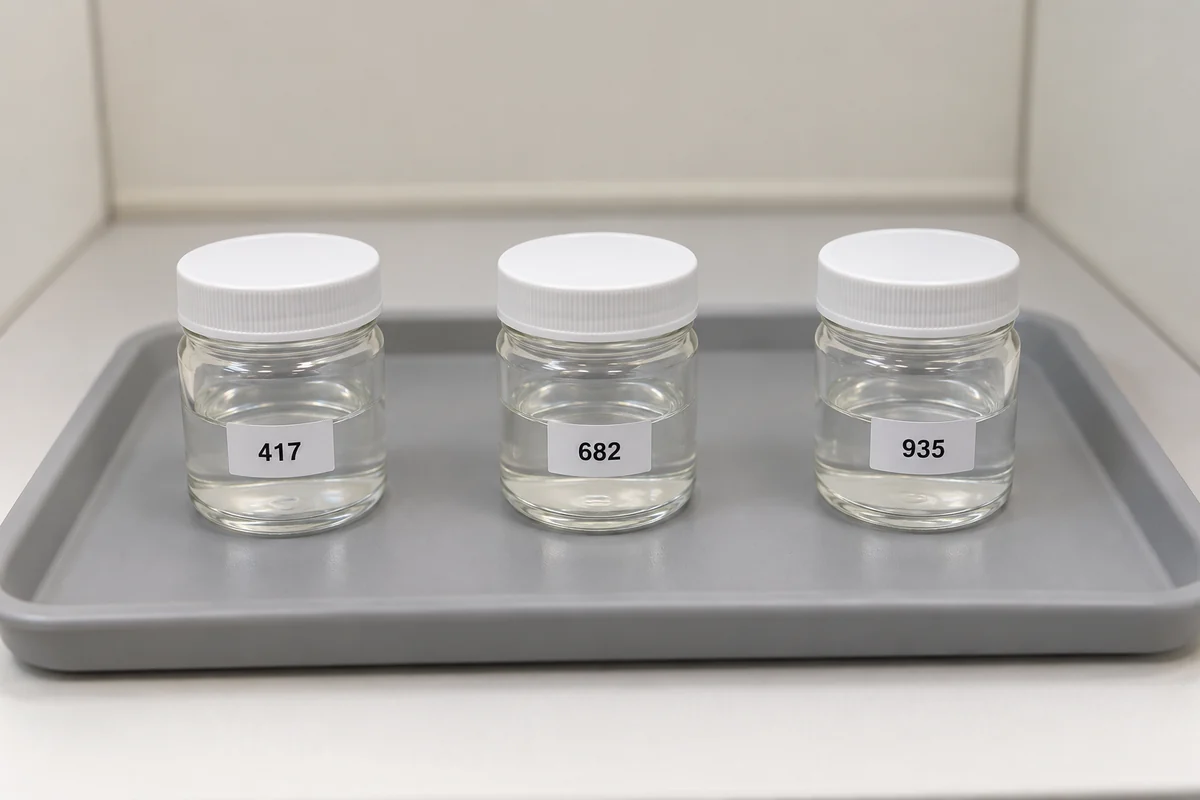 Three identical lidded sample jars bearing the neutral codes 417, 682 and 935.