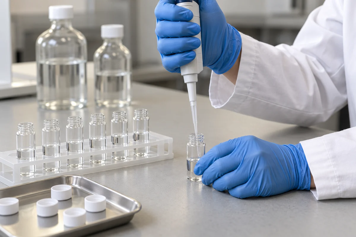 Gloved technician using a pipette beside a rack of clear sample vials and matching lids.