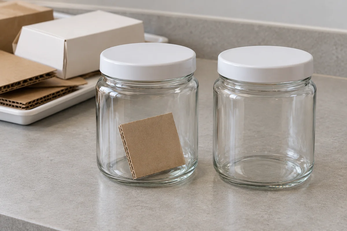 Matching glass jars, one holding a paperboard specimen and the other empty, beside packaging materials.