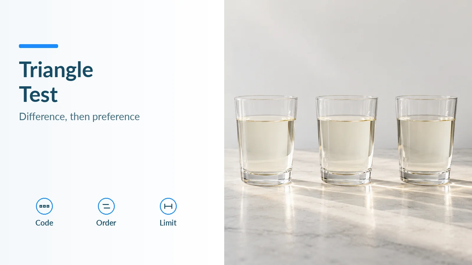 Cover: three unmarked glasses in a row, titled Triangle Test, with checks for code, order and limit.