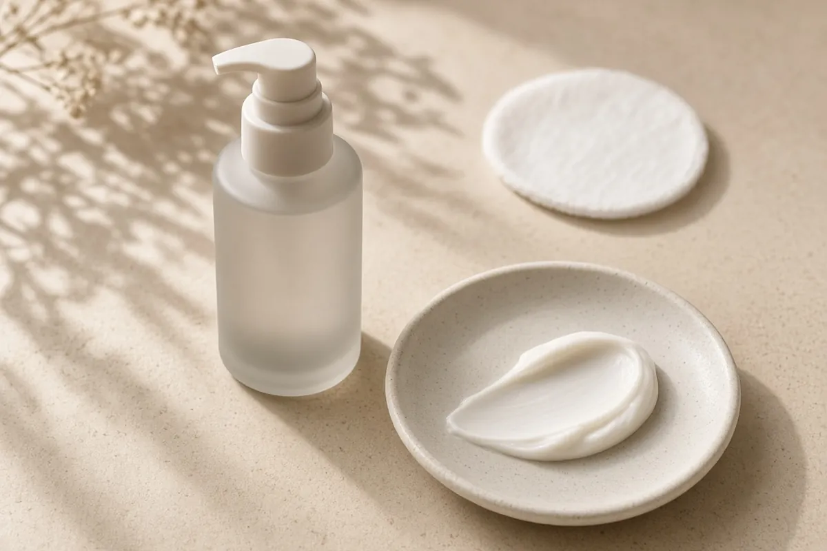 An unbranded frosted bottle, a dish of plain cream and a cotton pad.