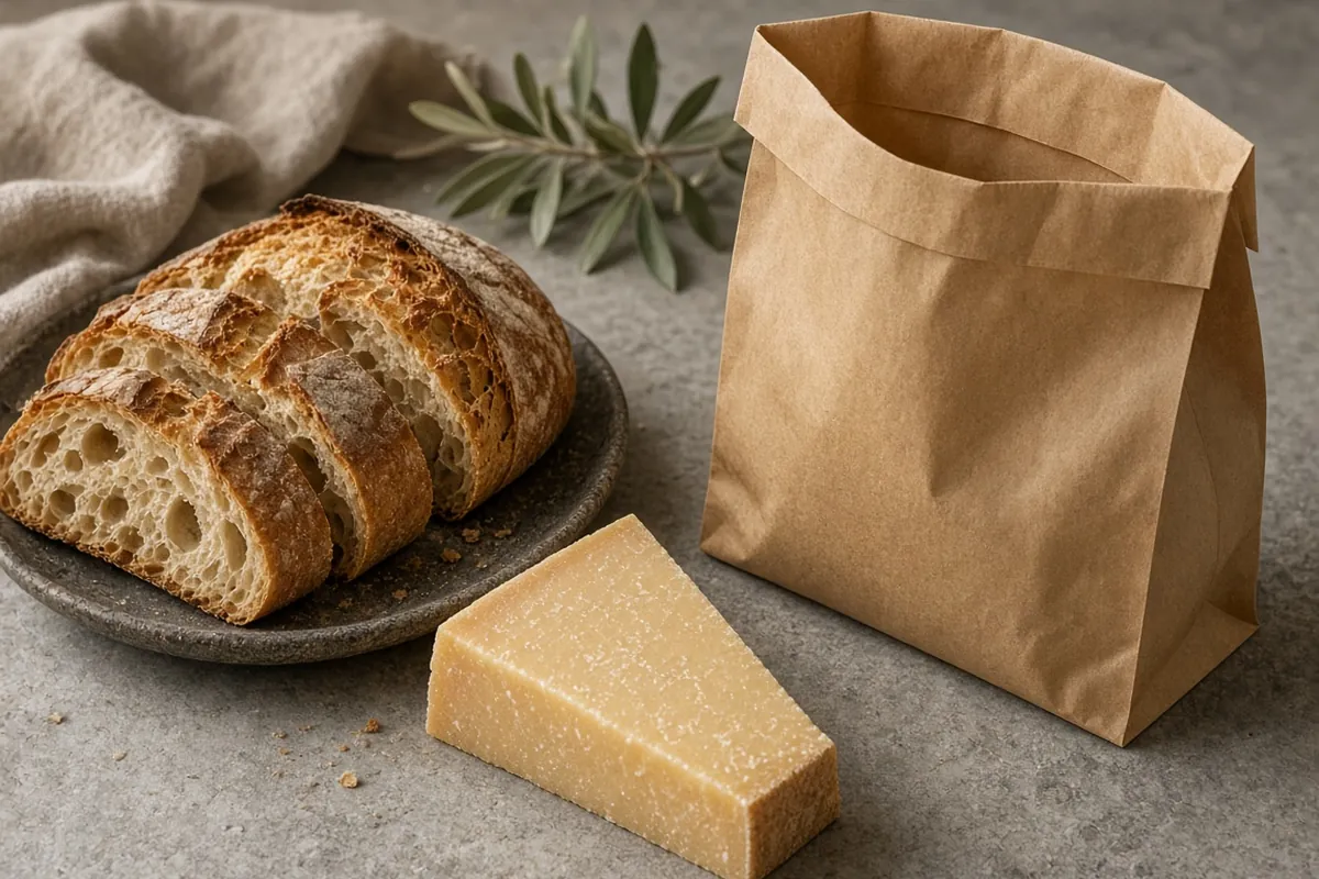 Bread, cheese and an unprinted kraft pouch on a stone counter.