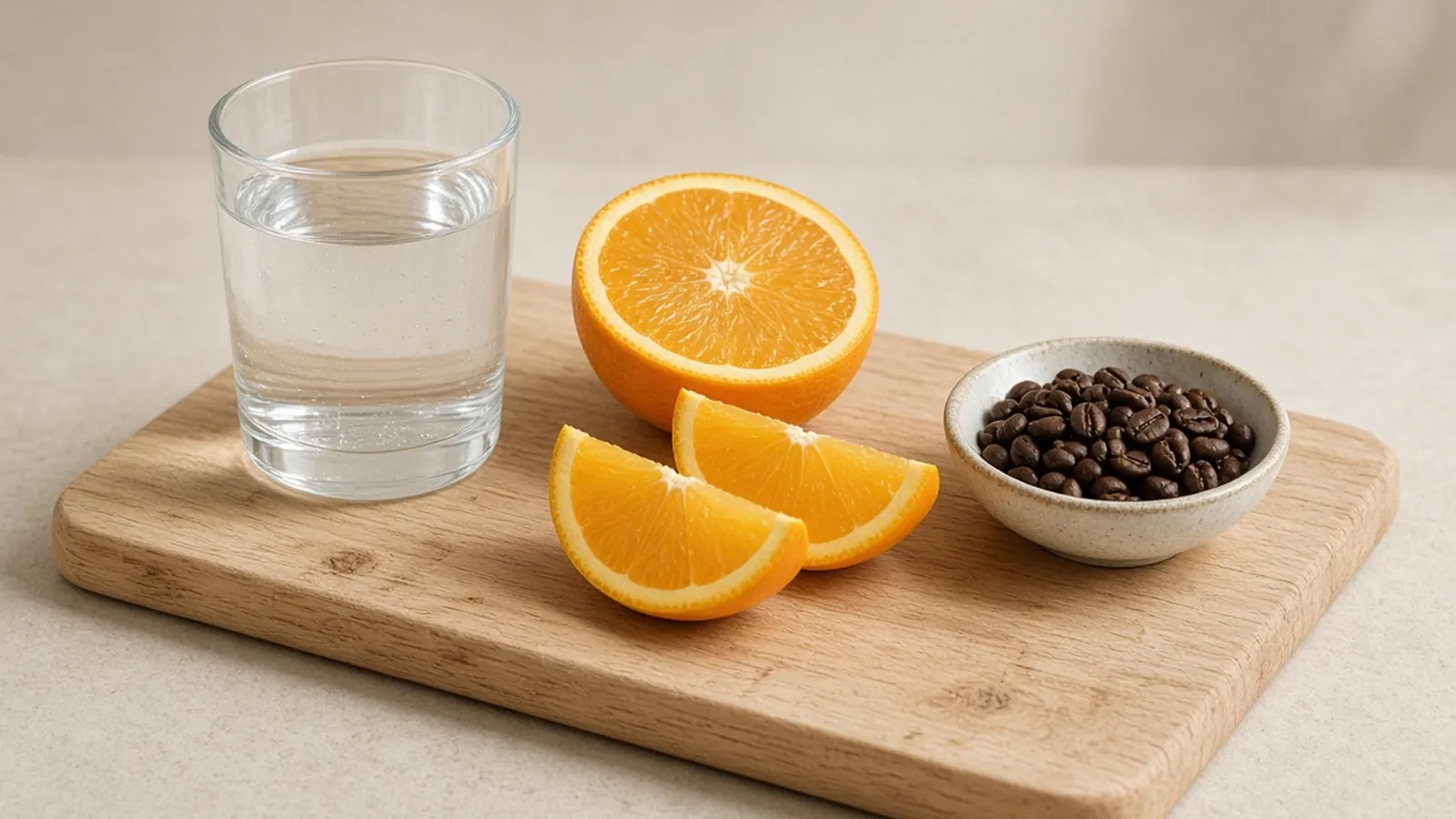 A glass of water, a cut orange and coffee beans on a pale wooden board