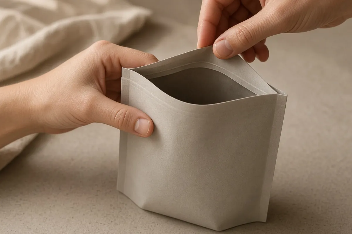 Hands opening an unprinted matte pouch in warm daylight.