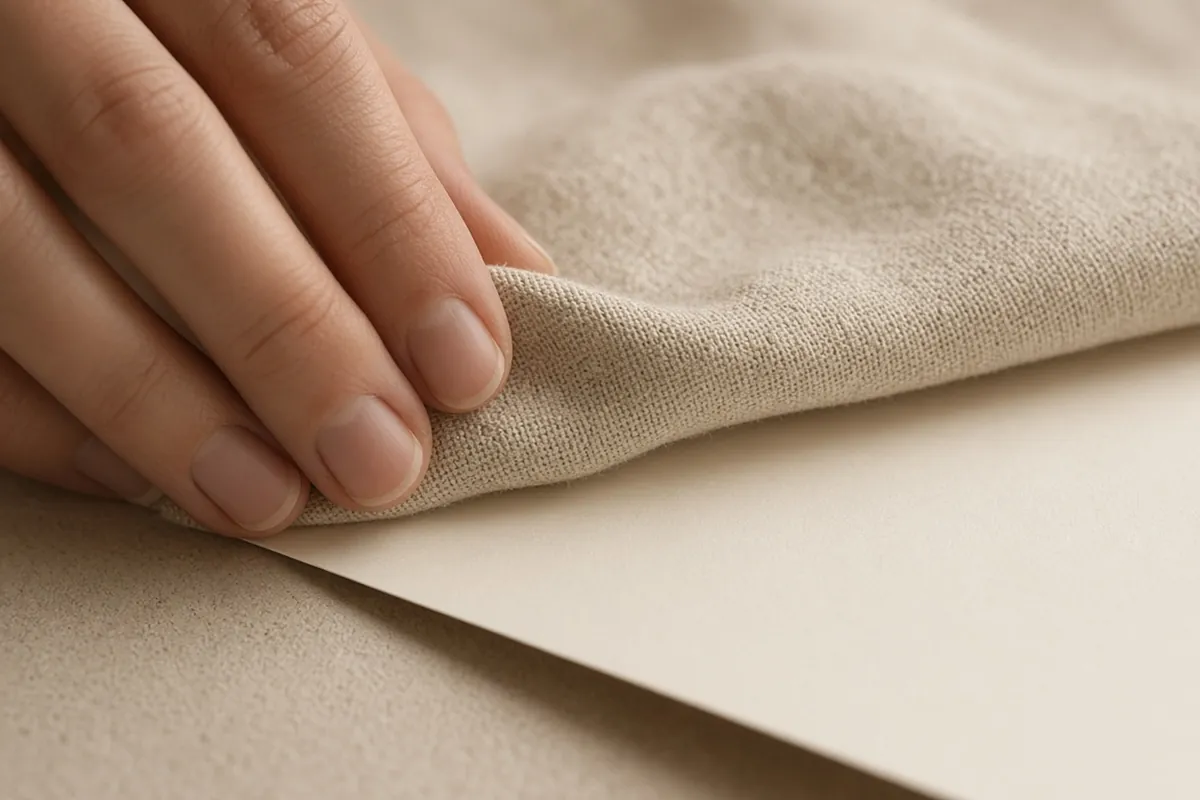 Fingers pressing unprinted linen beside a plain paper card