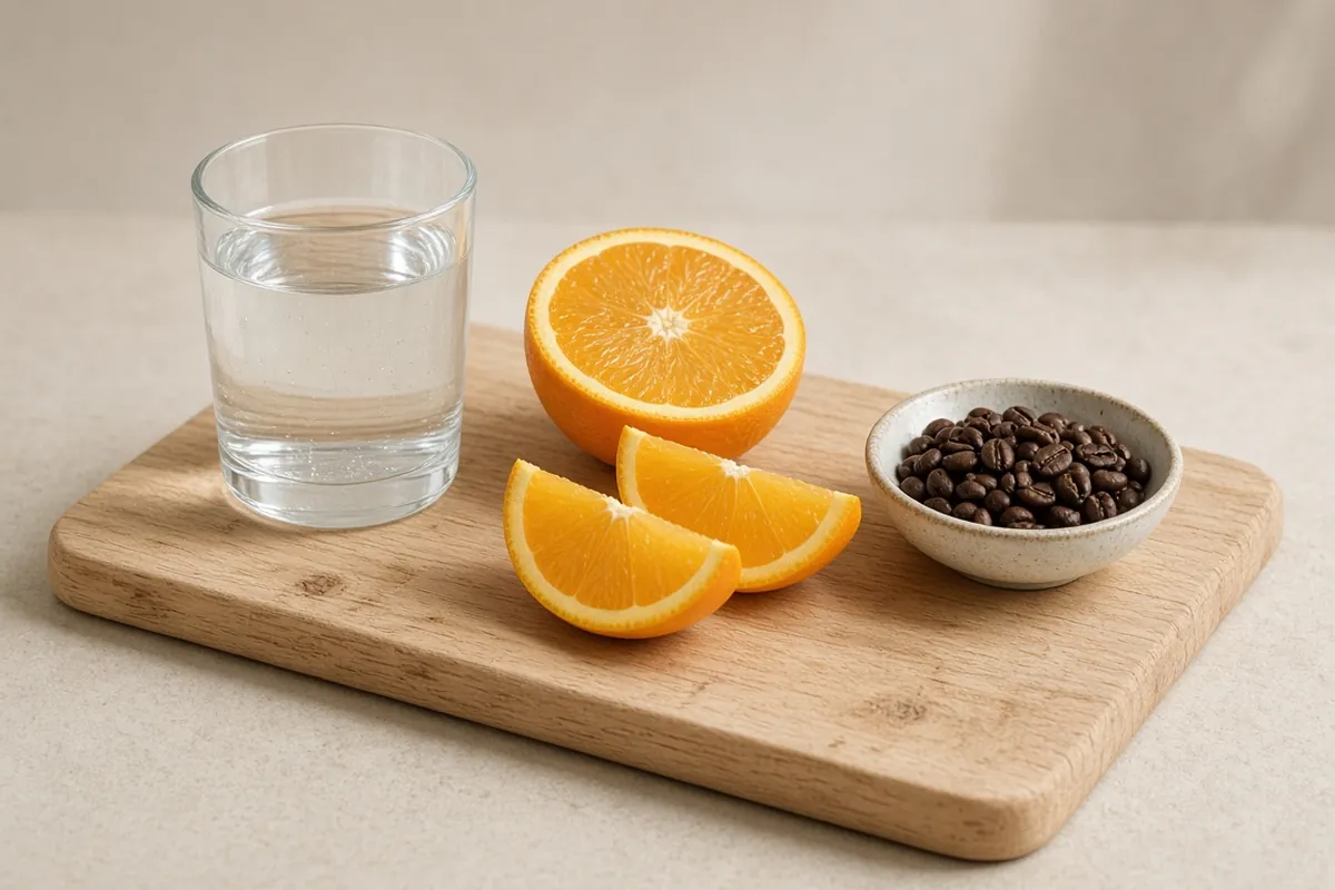 A glass of water, a cut orange and coffee beans on a pale wooden board.